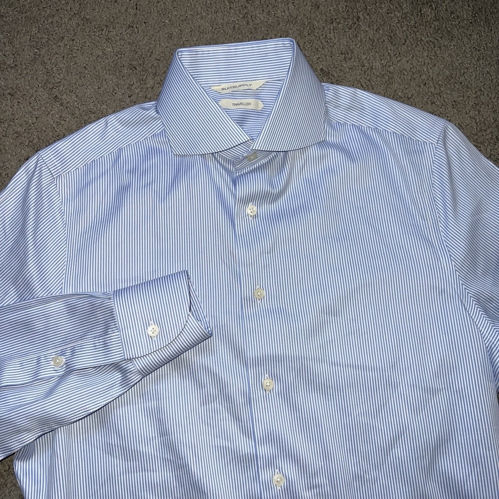 SuitSupply Traveler Dress Shirt Men's 14.5-37  Extra Slim Fit Blue Striped